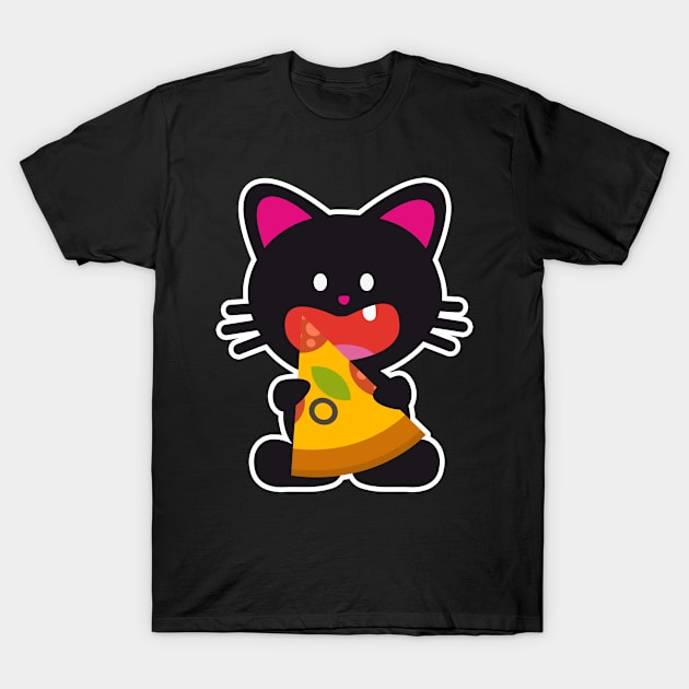 One Tooth Black Cat with Pizza Food T-Shirt by HappyGiftArt